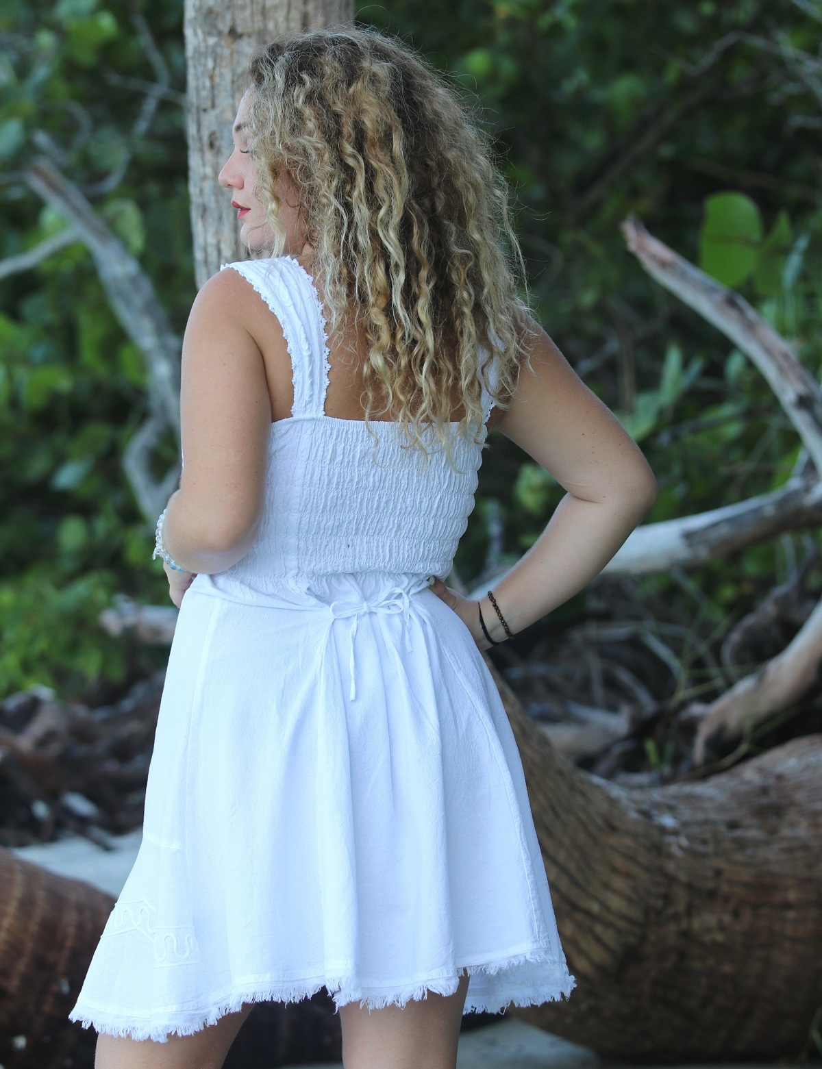 Caribbean Hottie – Short Sundress – back View – Model on Tropical Beach Jungle