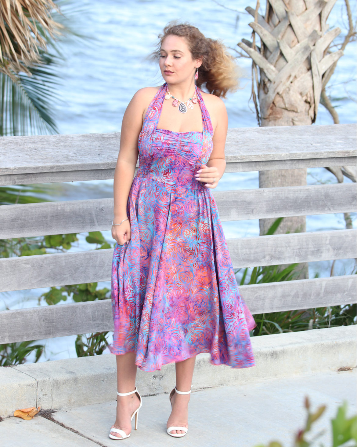 Tropical - Halter Sundress - Mid Length - Barbados - Fuchsia &Turquoise- front