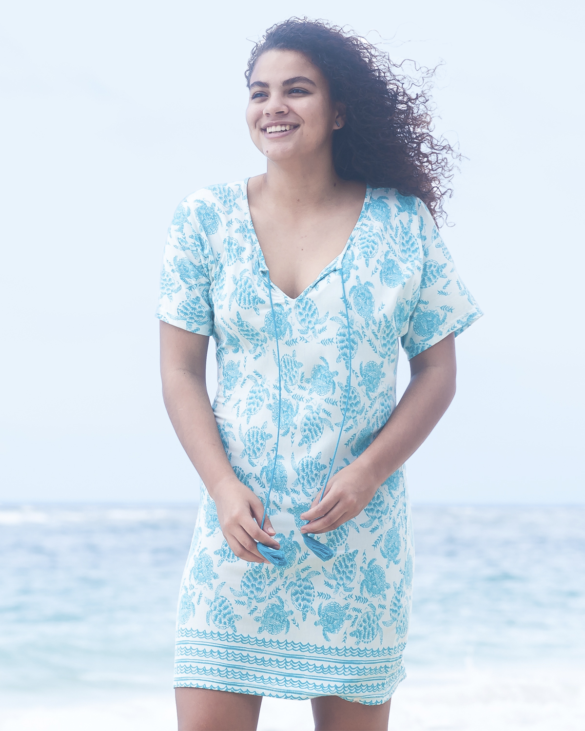 Tropical Beach Dress – Fireworks Turtle – Turquoise – model image – standing