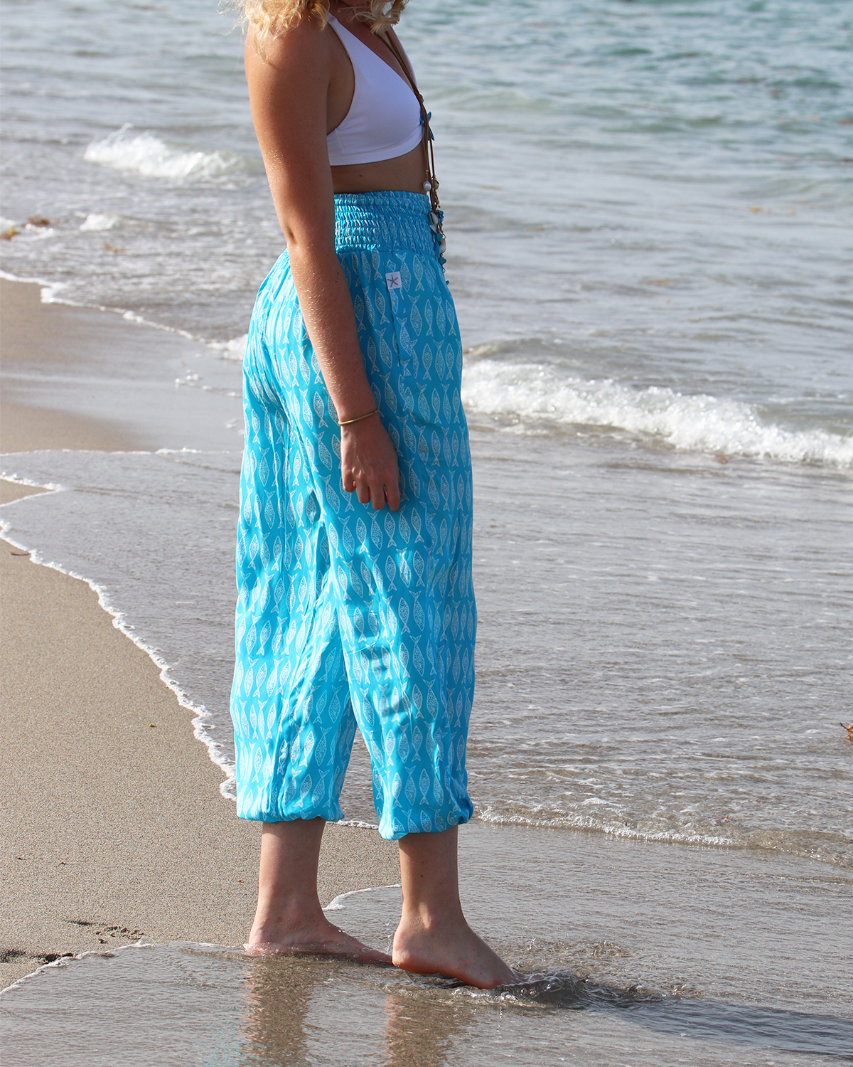 Great Catch Beach Pants – Aqua – back view – model