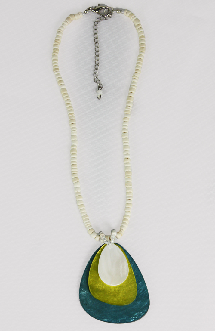 *Real Shell Necklace. *Accented with wood, and glass beads.  *Three tear drop pendents made out of dyed natural shells.  *Adjustable clasp with 3 inch extension chain. * Length expands from 8 inches to 10 inches.