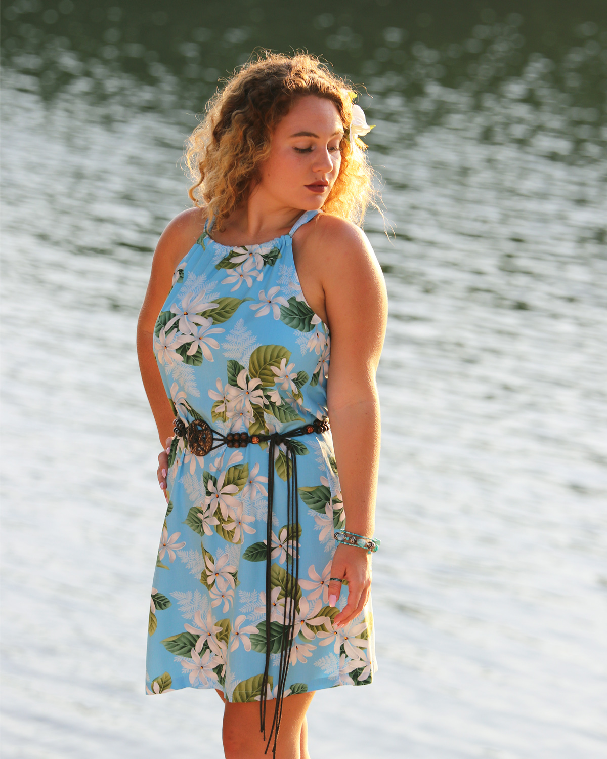 Hawaiian Gardenia – Short Halter Sundress – Blue