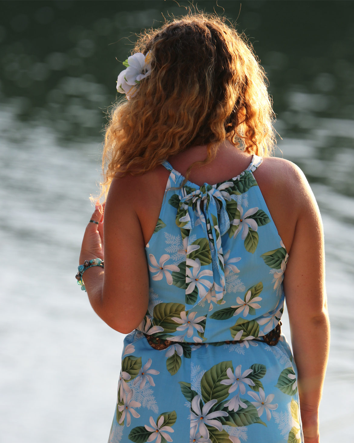 Hawaiian Gardenia - Short Halter Sundress - Blue - back