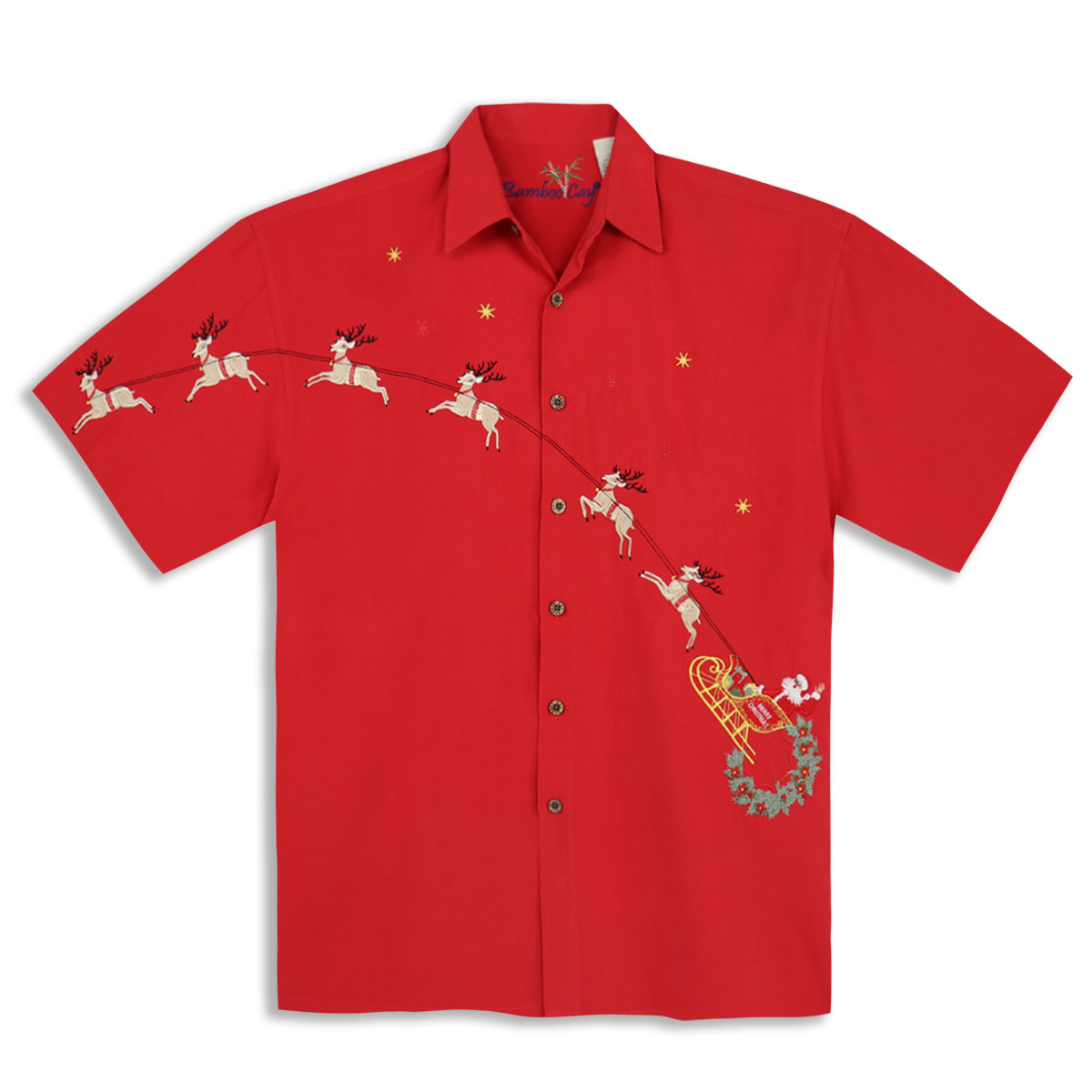 Bamboo Cay Men’s Shirt – Flying Santa – Tomato – front view