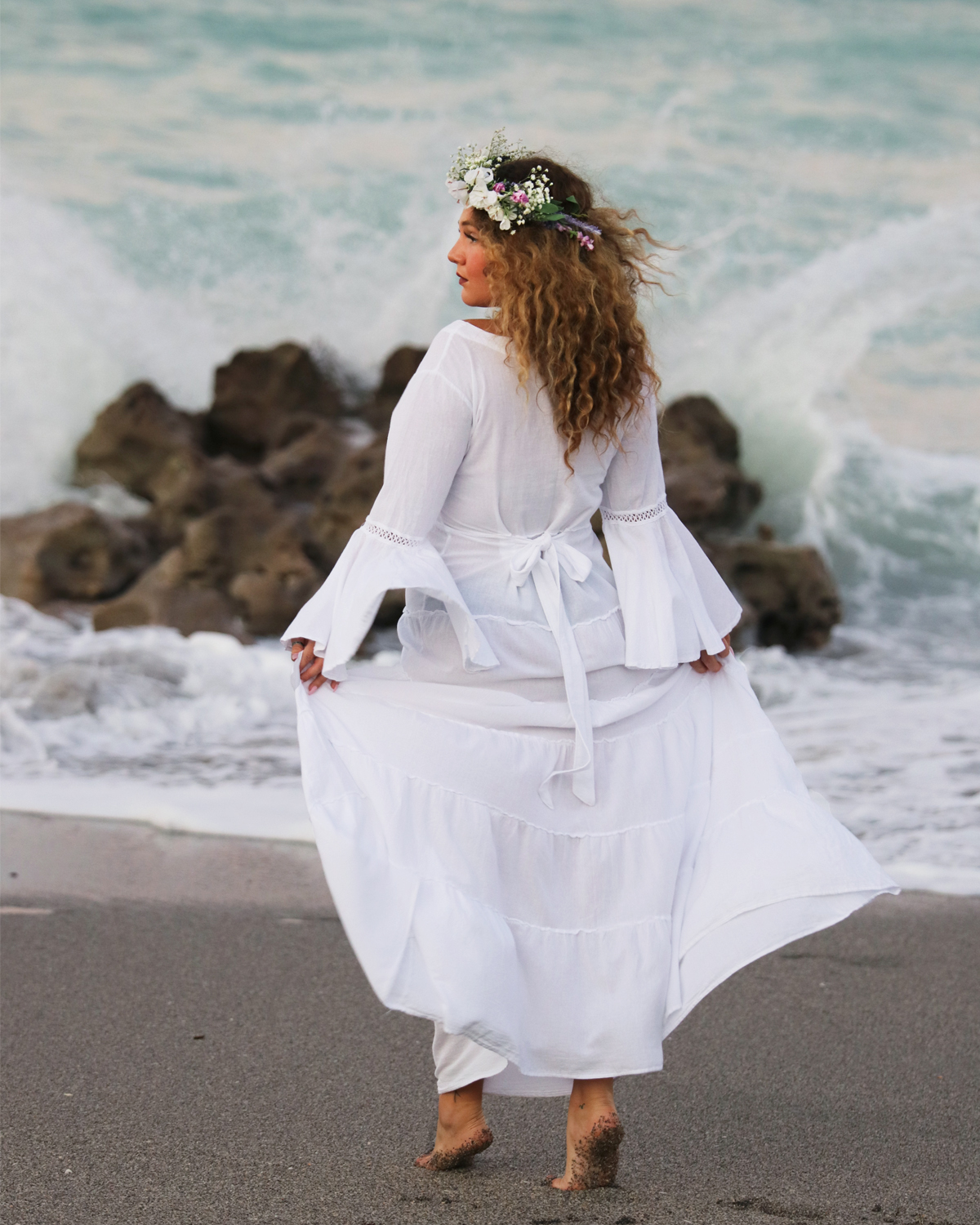 Long Boho White Sundress-Billowing Breeze-back view – Model at the beach