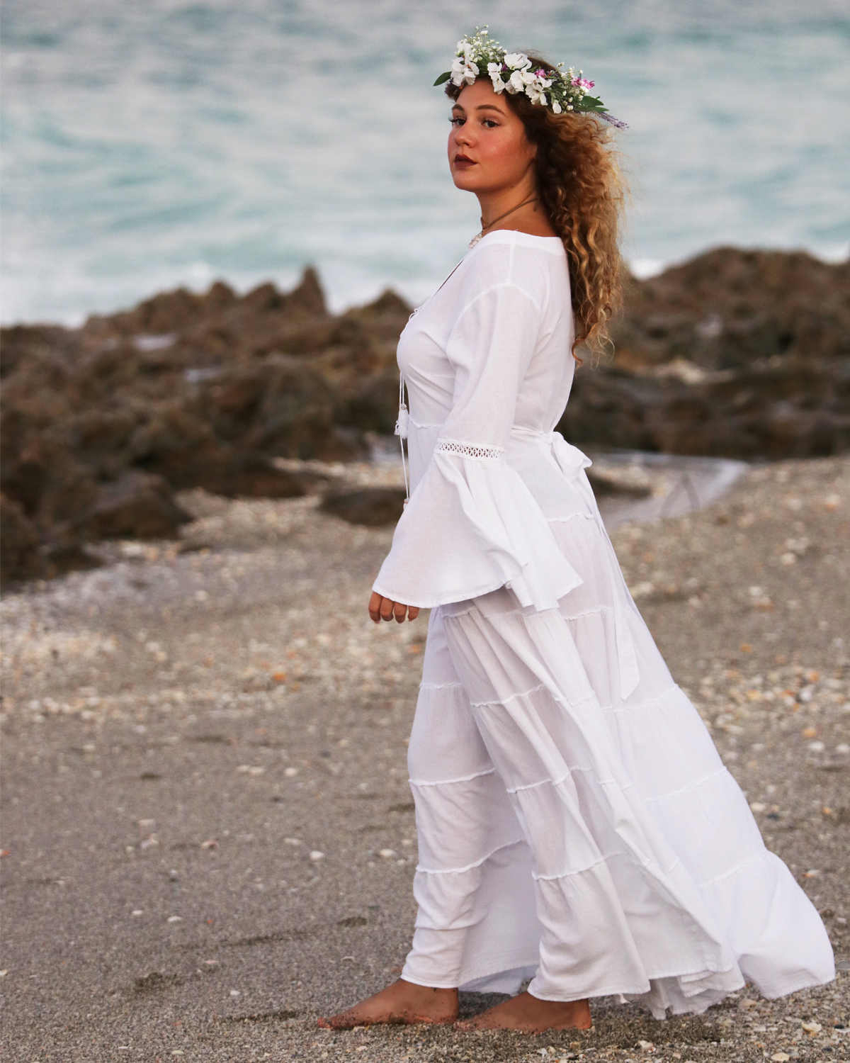 Long Boho White Sundress-Billowing Breeze-side view – Model at the beach