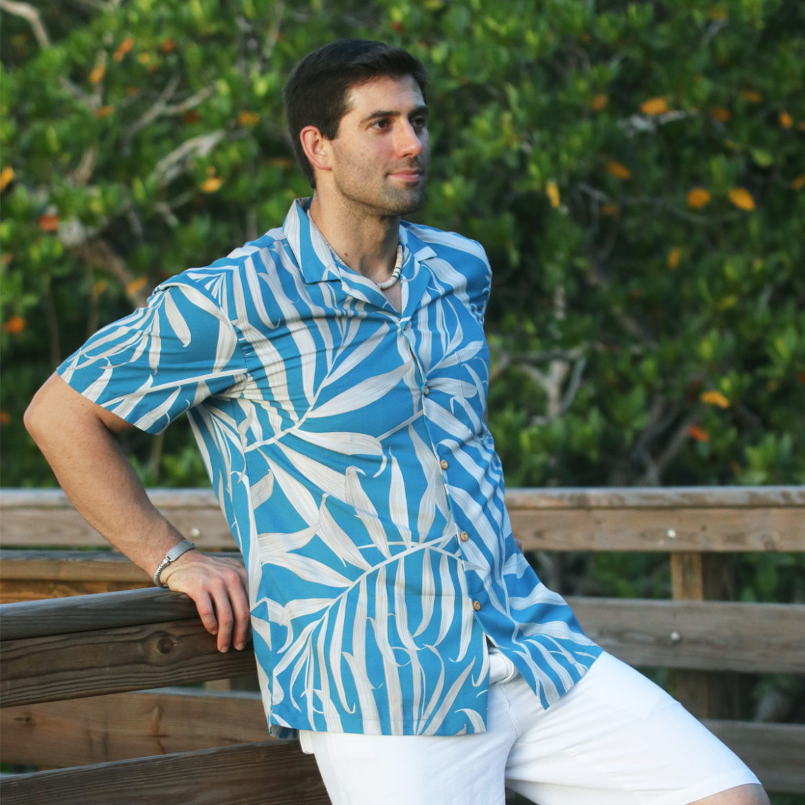 Paradise Found - Hawaiian Shirt - Palm Fronds - Blue - Model on the Pier - front view