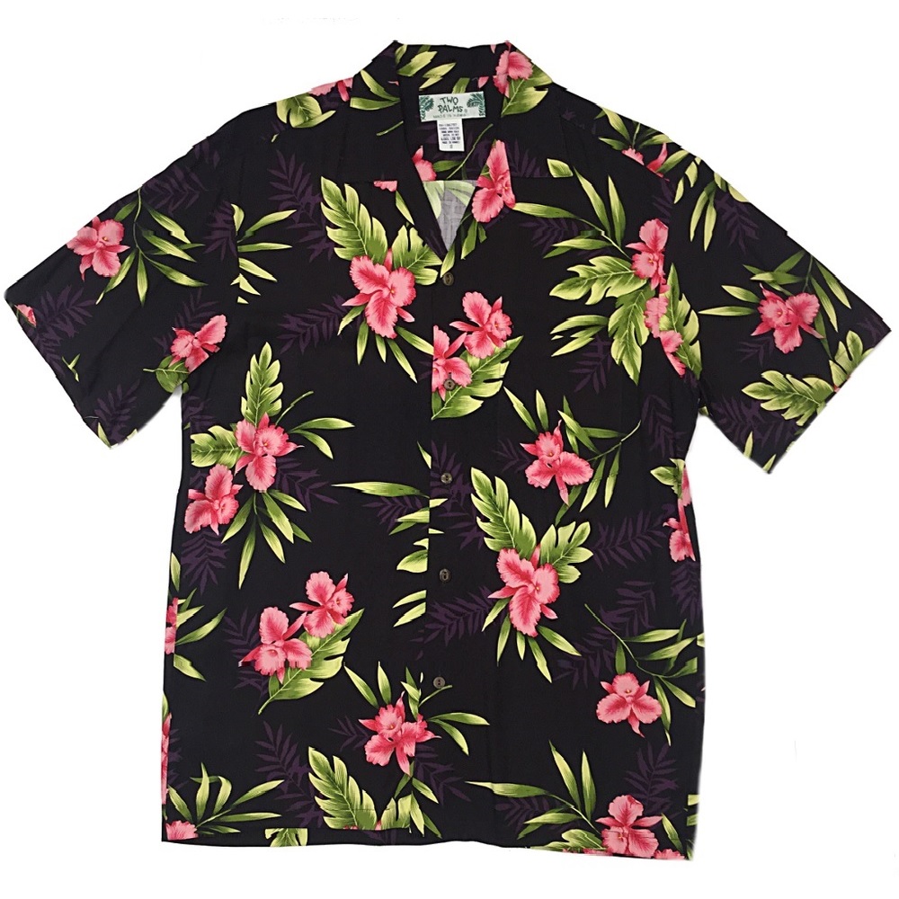 Hawaiian-Shirt-Orchid-Fern-Black-Two-Palms-Hawaii