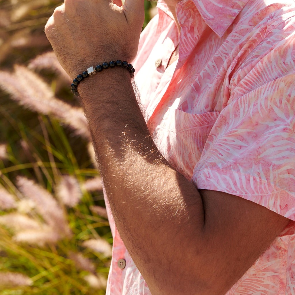 Pete Huntington - cotton shirt - Cassiopeia - Model Close Up -of fabric