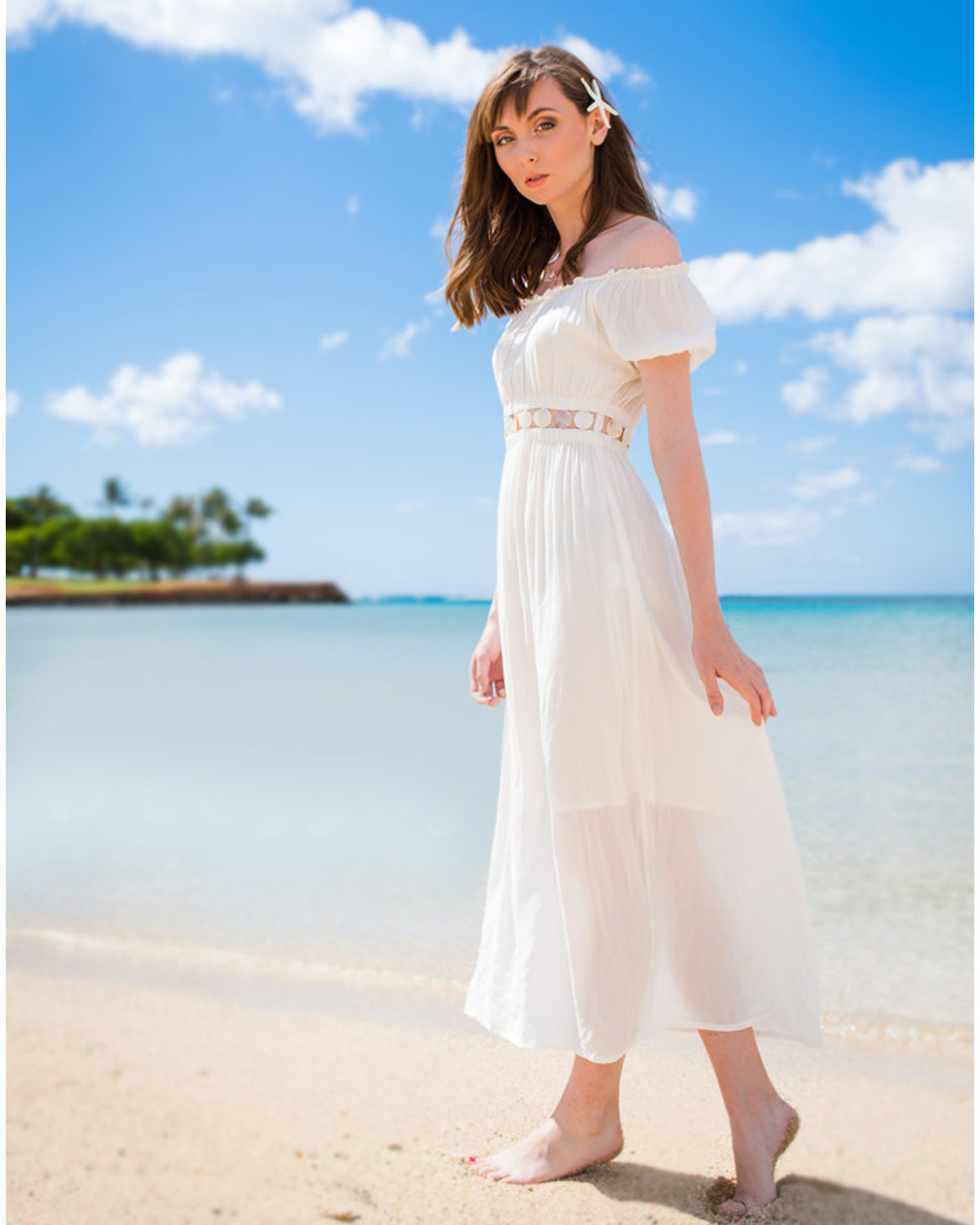 Angels-By-the-Sea-Maxi-White-dress-Angel-Off-the-shoulder-open-shell-midriff-Model-on-the-Beach