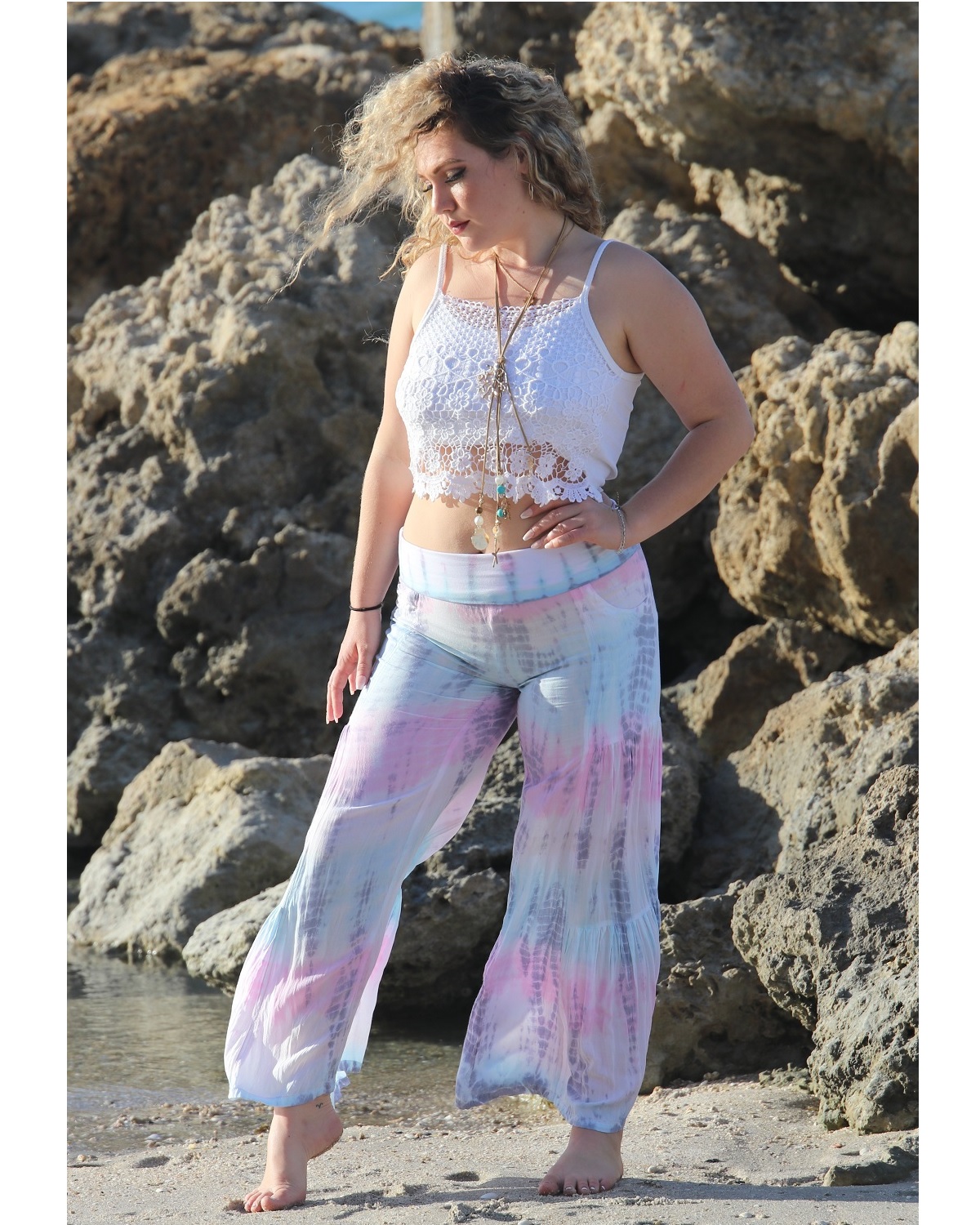 Gypsy Pants – Waikiki – Pastel Tie Dye – Model on Beach