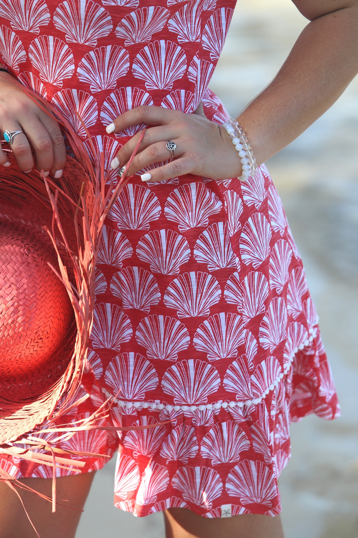 Cotton – Tank Beach Dress – Shells – model on beach – closeup