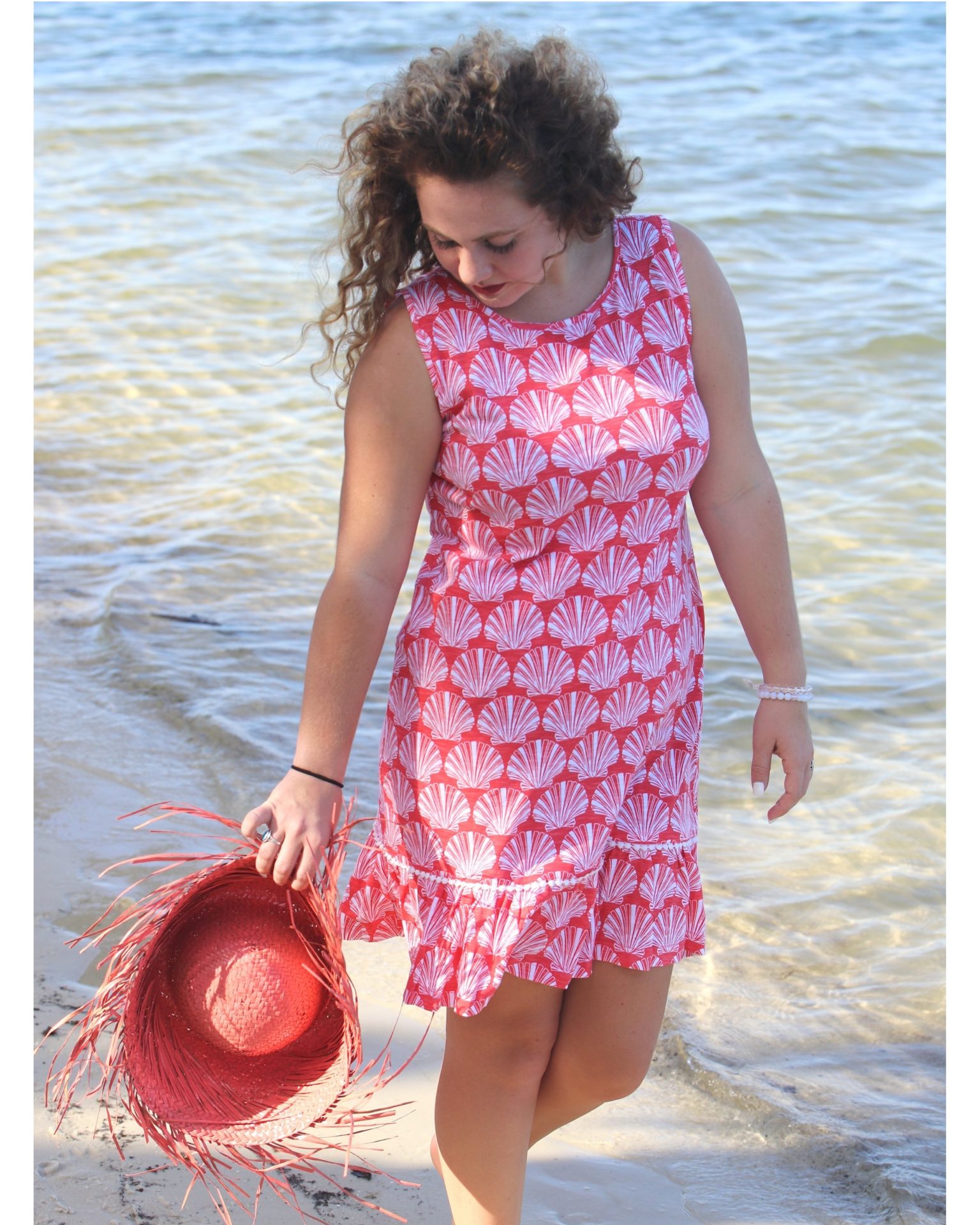 Cotton – Tank Beach Dress – Shells – model on beach – front view