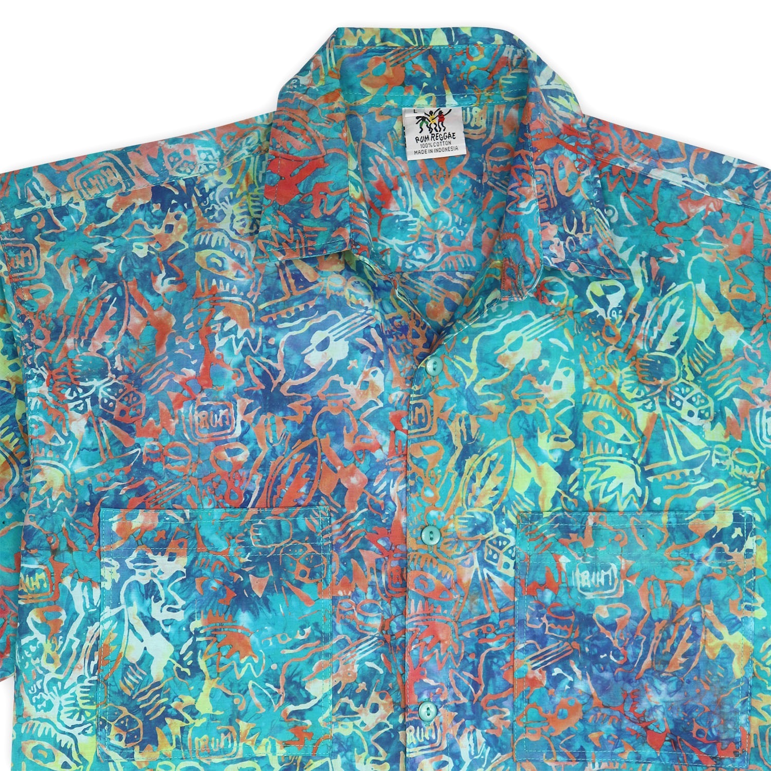 Rum Reggae – Tropical Print Mens shirt – Rum Reggae close up of print – teal