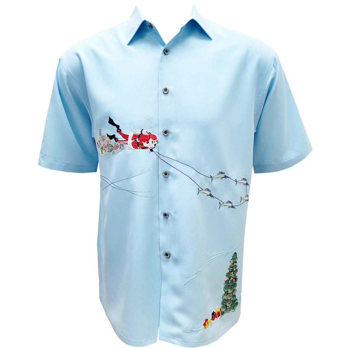 Bamboo-Cay-Mens-Christmas-Shirt-Scuba-Santa-Blue-Front-view