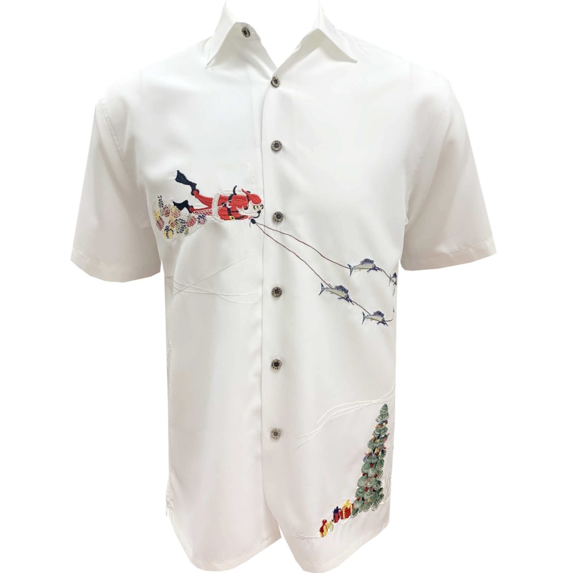 Bamboo-Cay-Mens-Christmas-Shirt-Scuba-Santa-White-front view