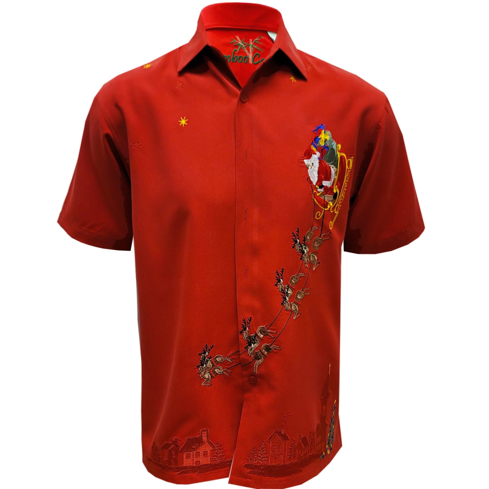 Bamboo-Cay-mens-Shirt-Christmas-Landing-Red-Front-View