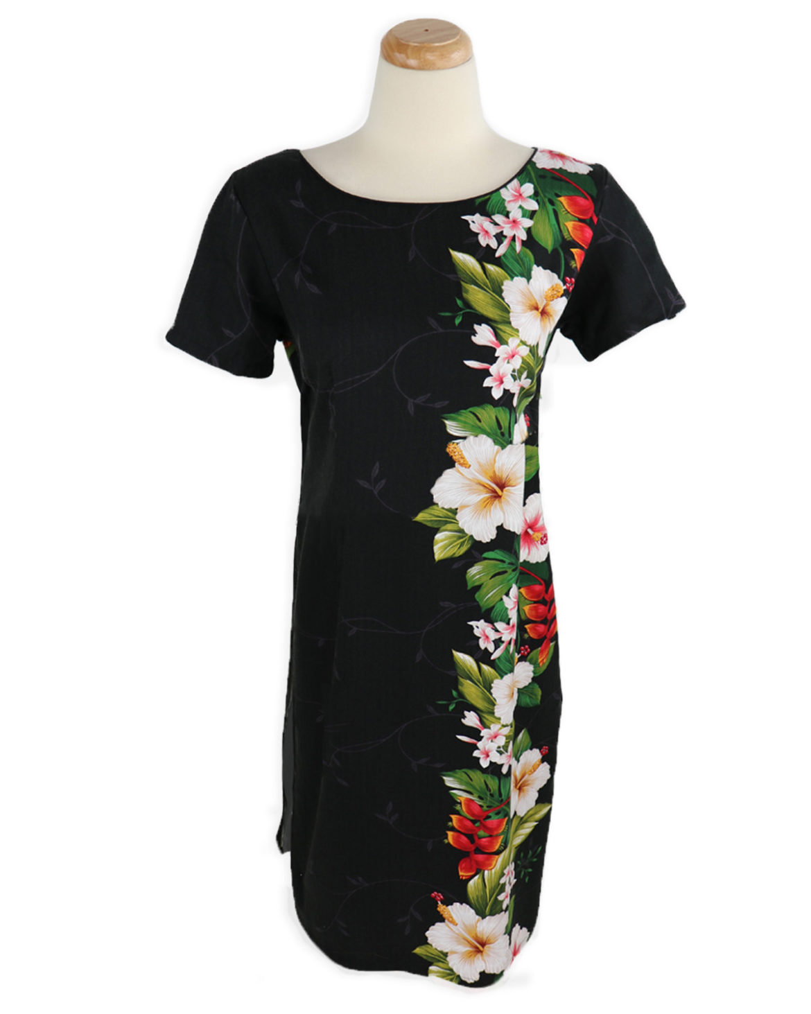 Capped-Sleeve-short-hawaiian-sundress-Paradise-Garden-black-front