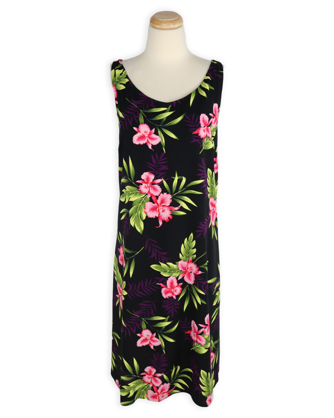 Hawaiian-Sundress-Orchid-Fern-Mid-Length-Key-hole-back-Front-black