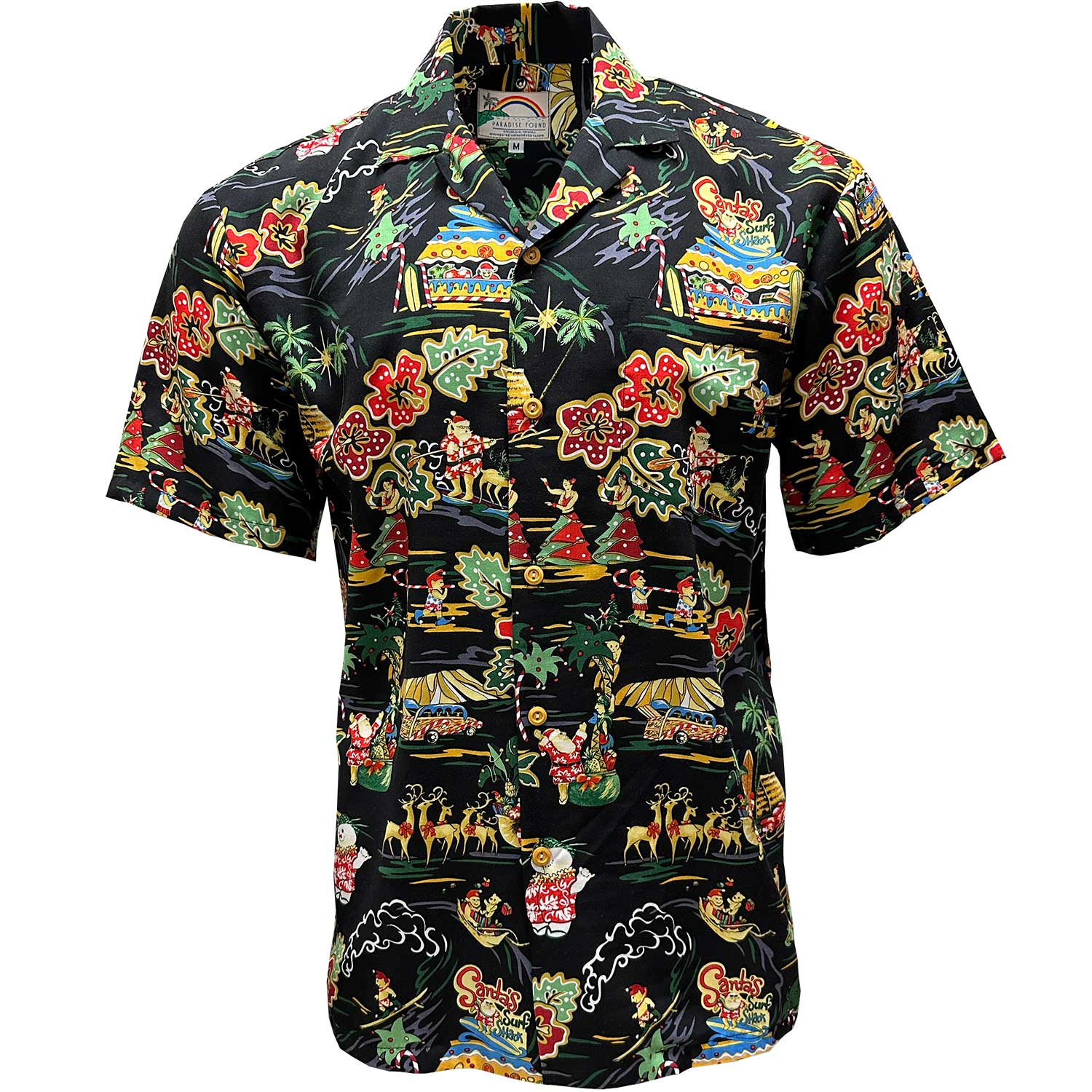 Paradise-Found-Hawaiian-Christmas-Shirt-Santas-Surf-Shack-Black