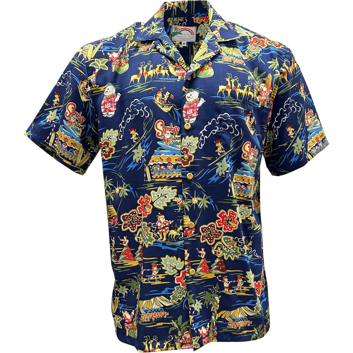 Paradise-Found-Christmas-Shirt-Santas-Surf-Shack-Navy-Blue