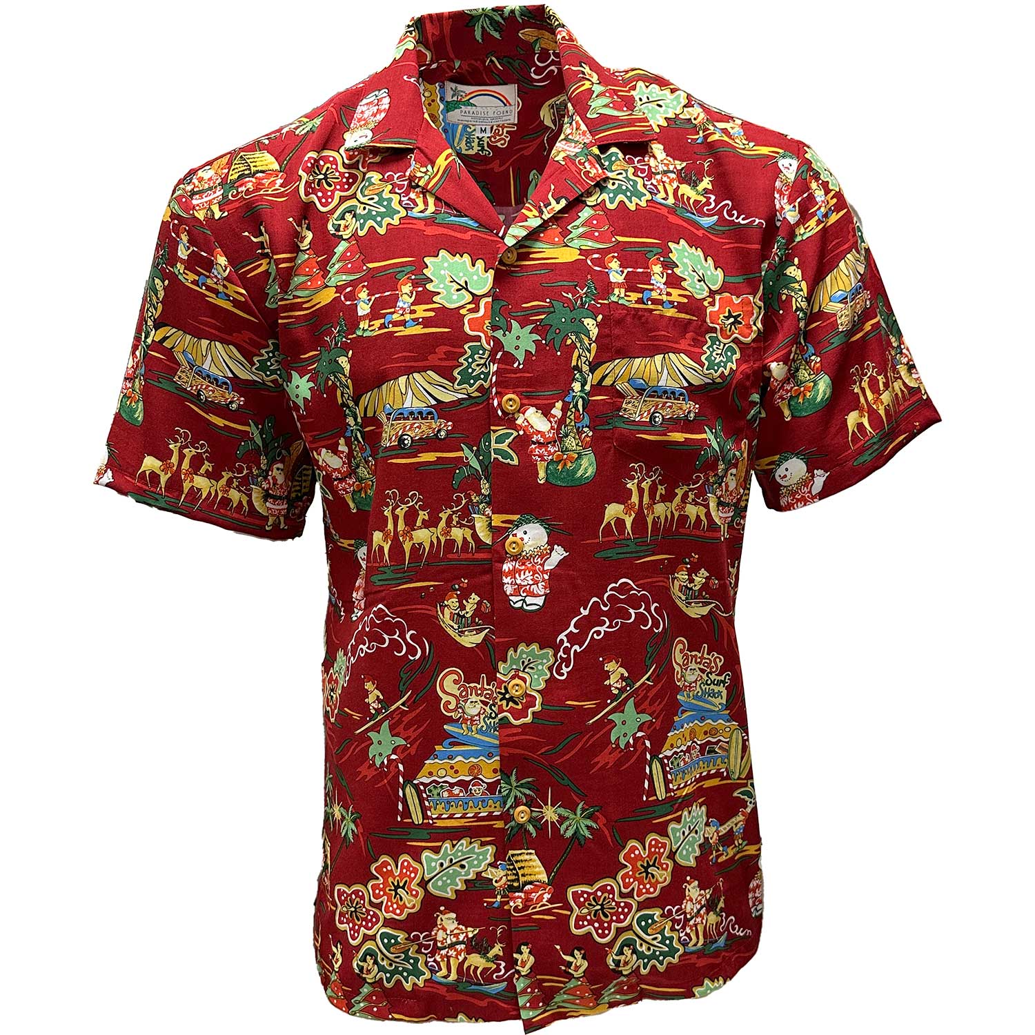 Paradise-Found-Mens-Christmas-Shirt-Santas-Surf-Shack-Red