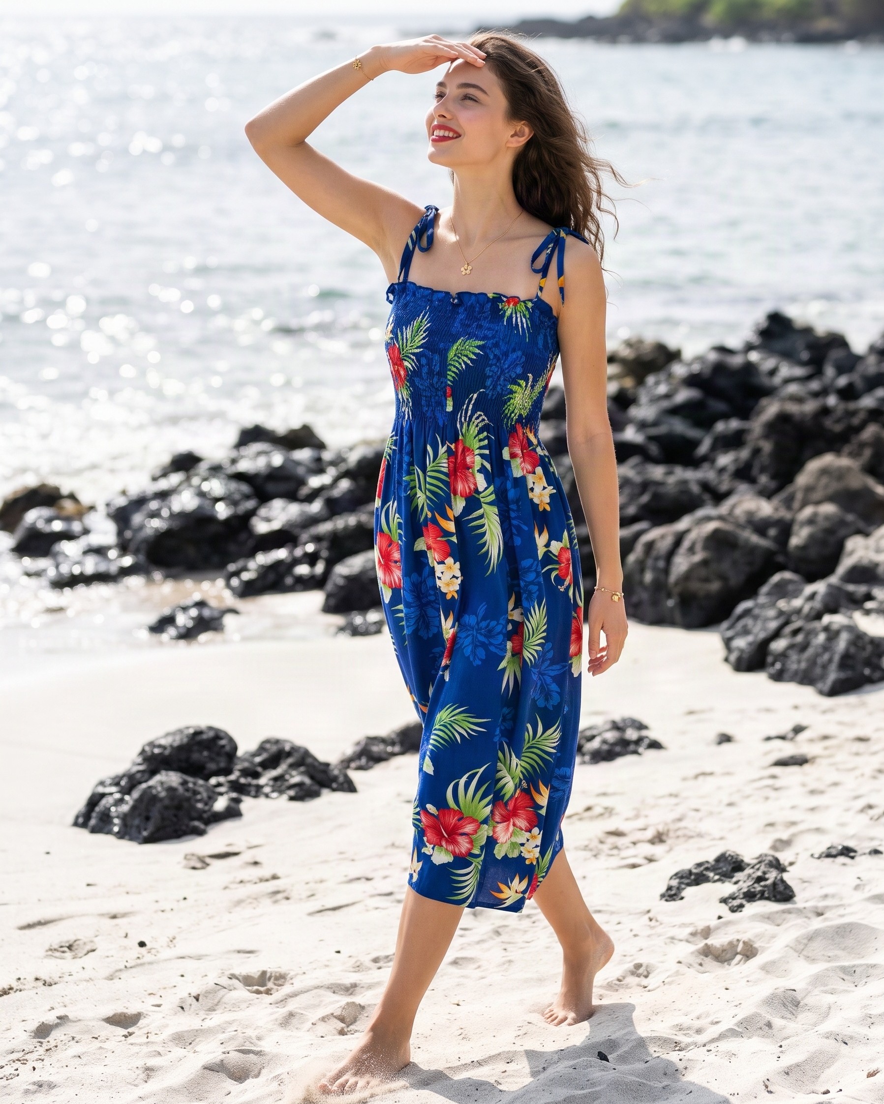 Tropical-Short-Tube-Top-Sundress-Made-in-Hawaii-Fern-Hibiscus-Navy-Blue-Model-walking-on-Beach