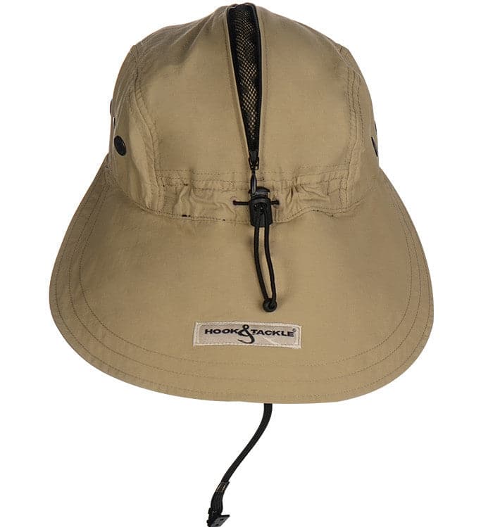 Hook-Tackle-Bahama-Flats-Hat-Khaki-back-view-with-cool-down-mesh-zipper-pulled-down