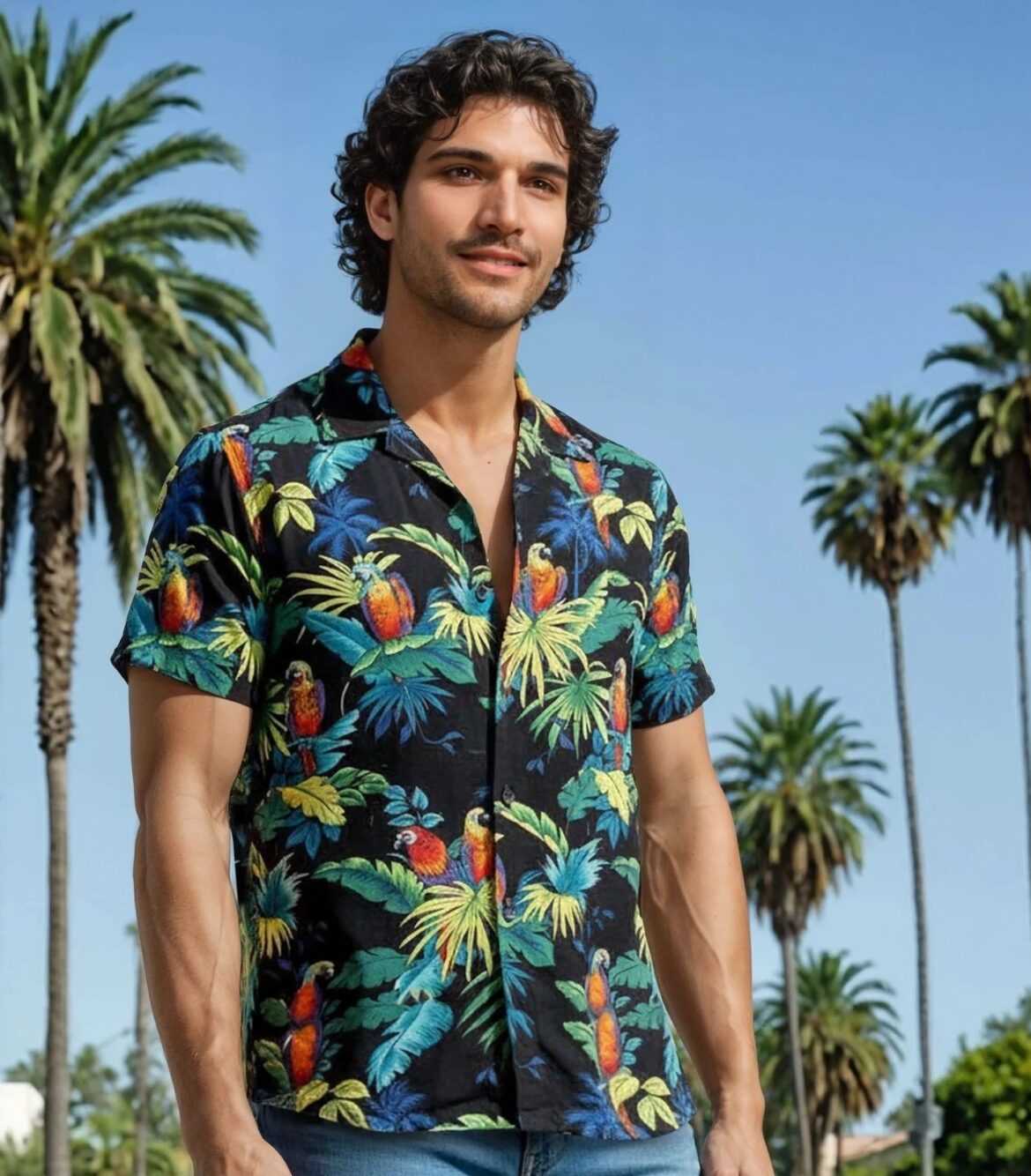 Mens-Authentic-Cotton-Hawaiian-Shirt-Parrots-in-Paradise-Black-Close-up-of-Model-on-Palm-Tree-Lined-Sidewalk