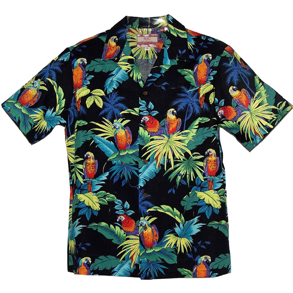 Mens-authentic-cotton-Hawaiian-Shirt-Parrots-in-Paradise-Black