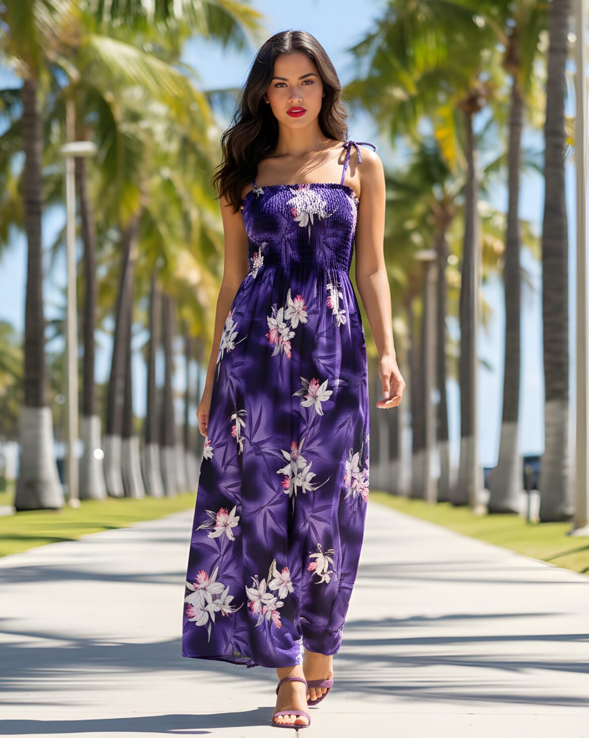 Authentic-Hawaiian-Maxi-Shirred-tube-top-sundress-Midnight-Orchid-Purple-Model-walking-on-sidewalk-lined-with-Palm-Trees-Tropaholic