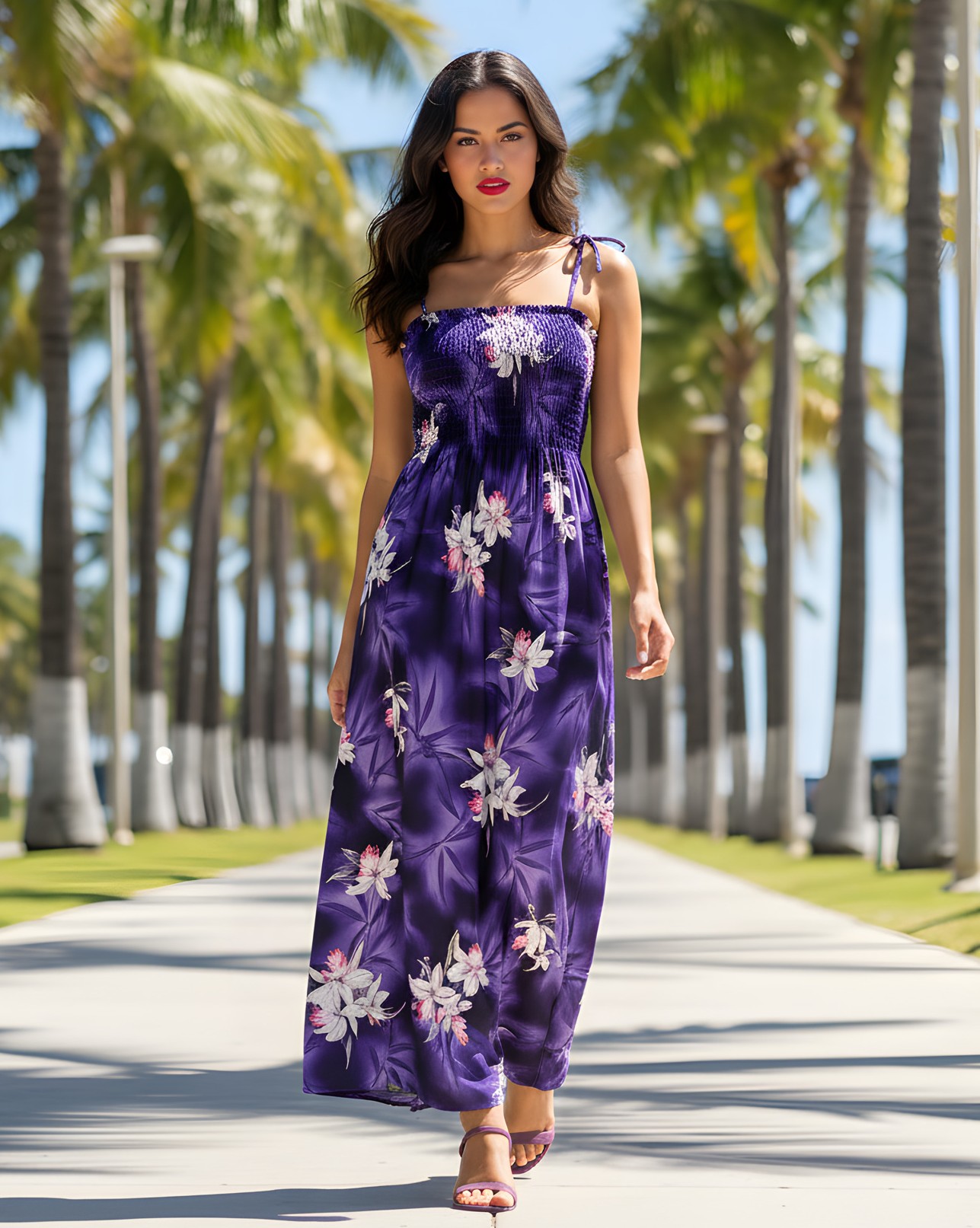 Authentic-Hawaiian-Maxi-Shirred-tube-top-sundress-Midnight-Orchid-Purple-Model-walking-on-sidewalk-lined-with-Palm-Trees-Tropaholic