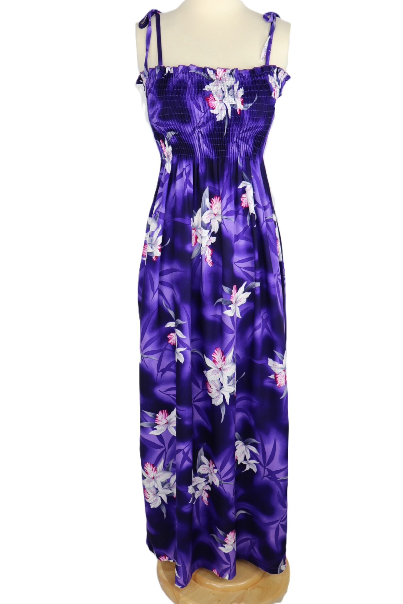 Maxi-Shirred-tube-top-sundress-Midnight-Orchid-Purple-on-manequin