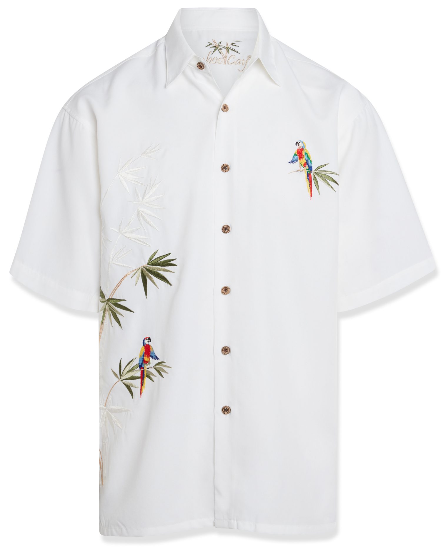 Bamboo-Cay-Mens-Shirt-Flying-Parrots-White-Front-view-WB-1916