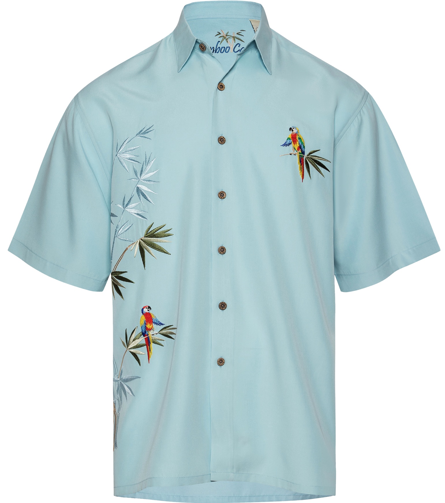 Bamboo Cay – Mens Shirt – Flying Parrots – Aqua – Front View Bamboo Cay – Mens Shirt – Flying Parrots – Aqua – Front View