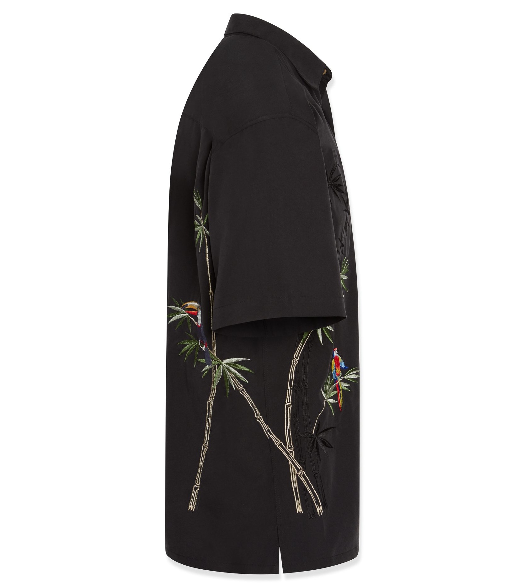 Bamboo Cay -Mens Shirt – Flying Parrots – Black – Side View Bamboo Cay -Mens Shirt – Flying Parrots – Black – Side View