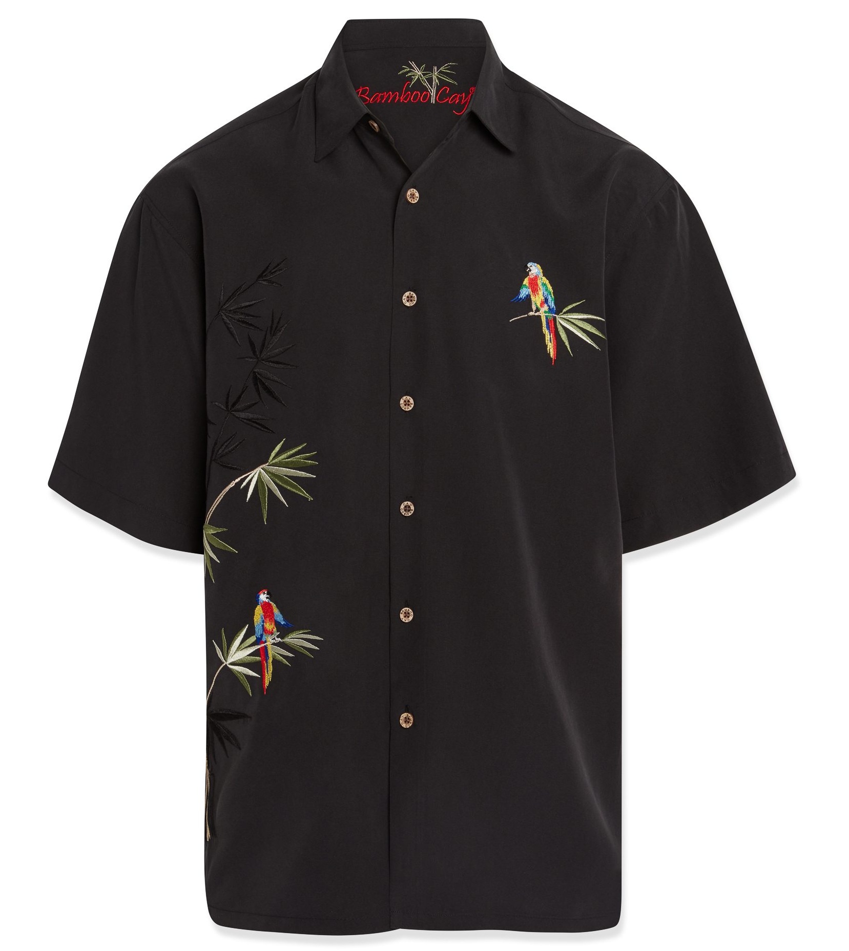 Bamboo-Cay-Mens-Shirt-Flying-Parrots-Black-Front-view-WB-1916