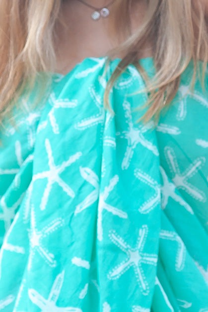 Sarong-100-cotton-bathing-suit-coverup-Wishes-Starfish-Splash-Mint-Green-closeup
