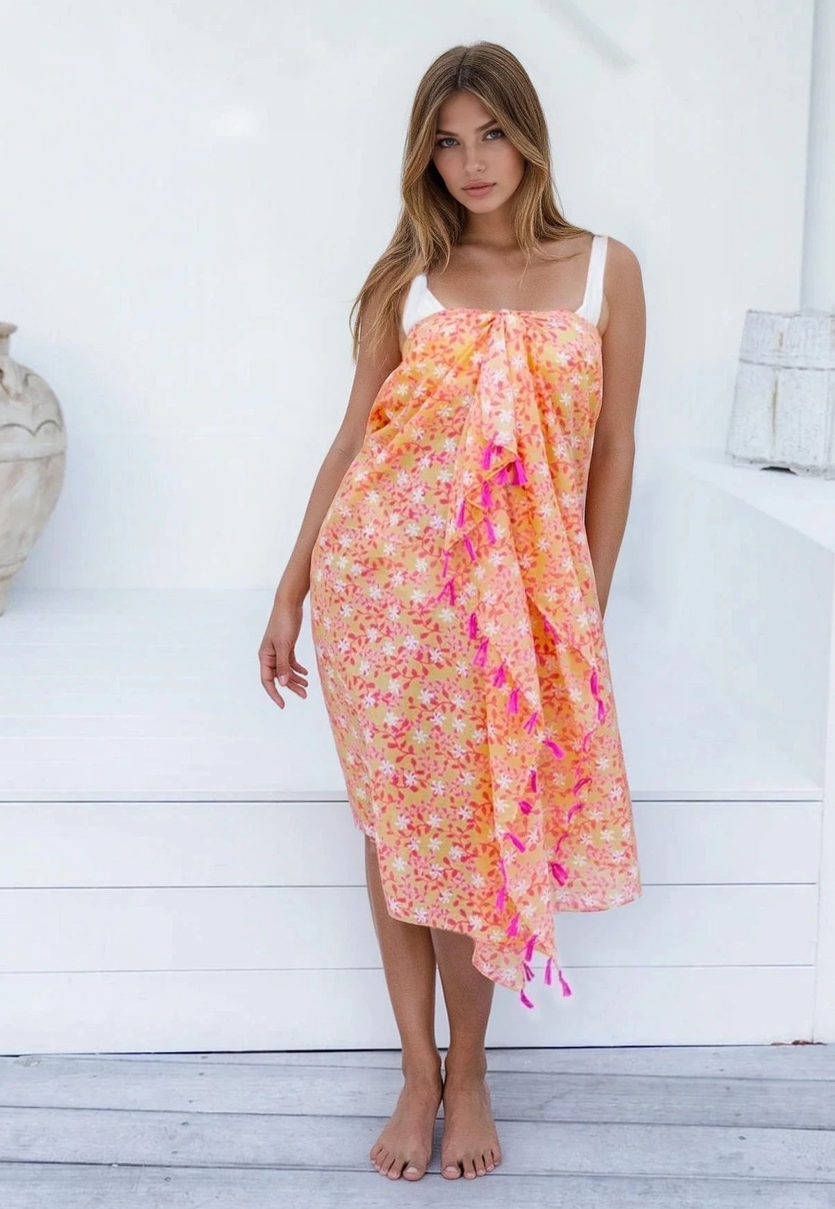 Tropical-Fringe-Sarong-100-cotton-Kauai-Lemon-Punch-Model-at-resort-Tropaholic