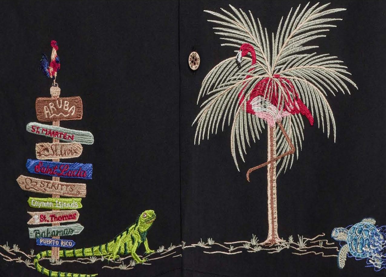 Bamboo-Cay-Mens-Shirt-Caribbean-Black-Close-up-of-print