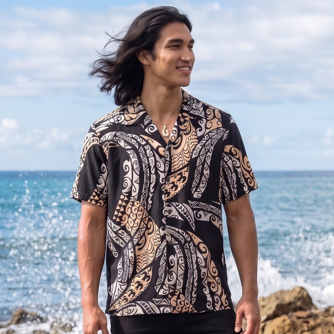 eal-Authentic-Hawaiian-Shirt-Tattoo-on-model-standing-on-rocks-at-the-beach-Close-up-model-wearing-black-jeans