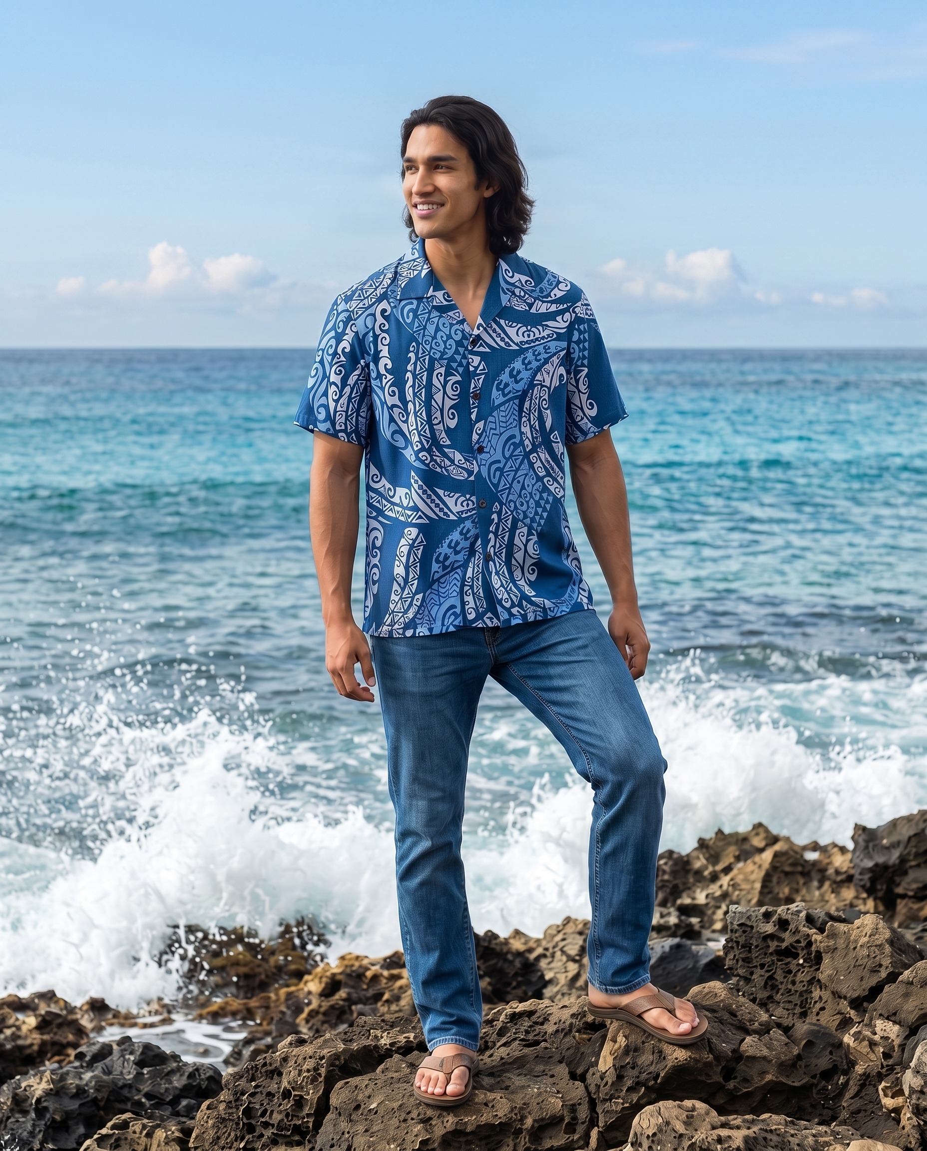 Real-Authentic-Hawaiian-Shirt-Tatoo-in-Blue-on-model-standing-on-rocks-at-the-beach-model-wearing-Blue-jeans-for-styling-ideas