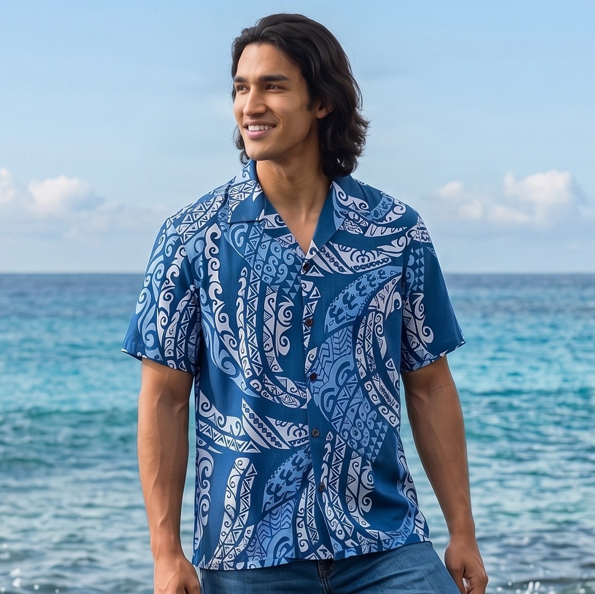Real-Authentic-Hawaiian-Shirt-Tattoo-Blue-model-standing-on-rocks-at-the-beach-Close-up-model-wearing-blue-jeans