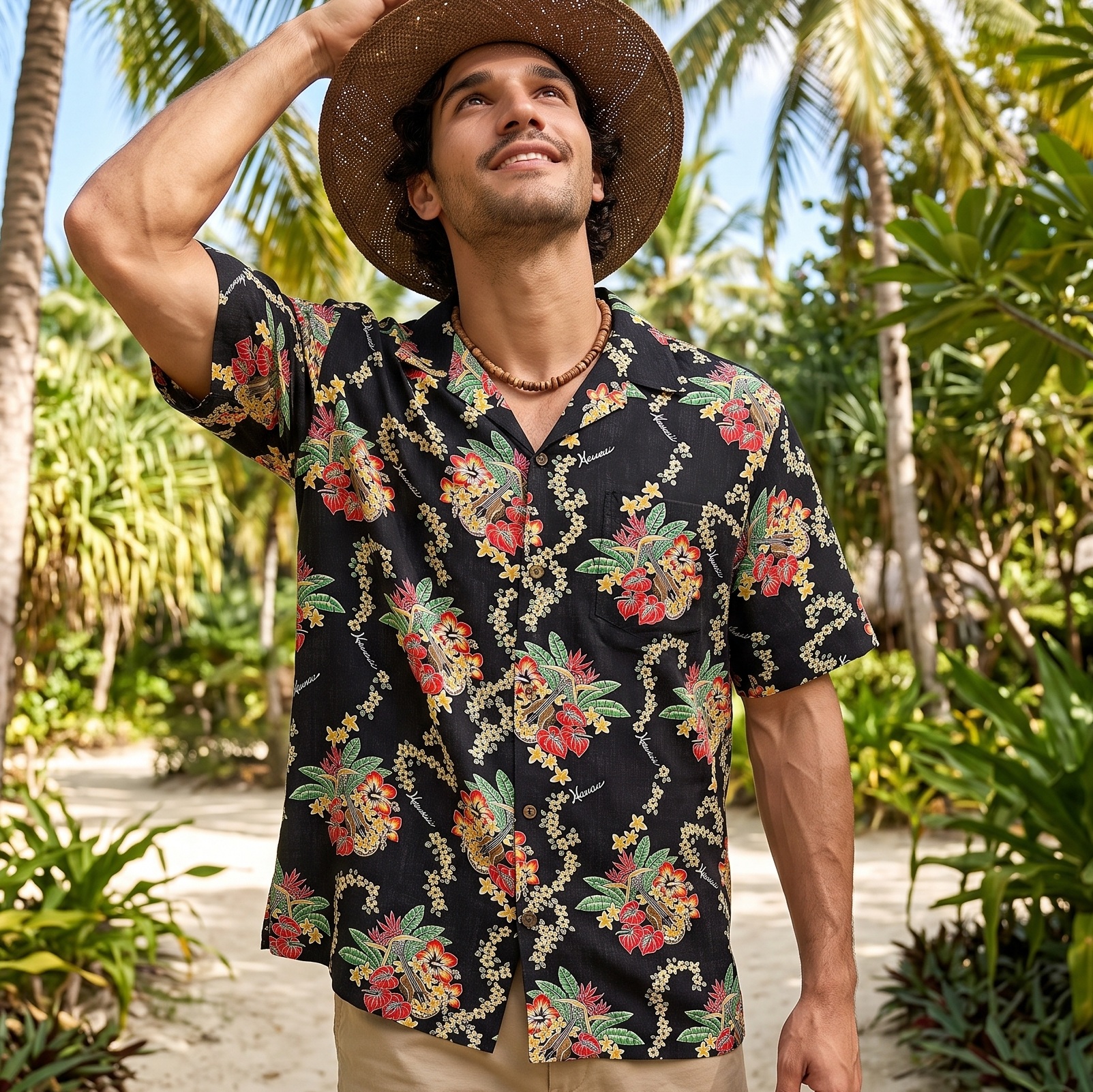 Mens-Authentic-Hawaiian-Aloha-Shirt-Lei-of-Hawaii-Black-Model-walking-on-on-a-Tropical-Island-Resort-path-close-up-view.