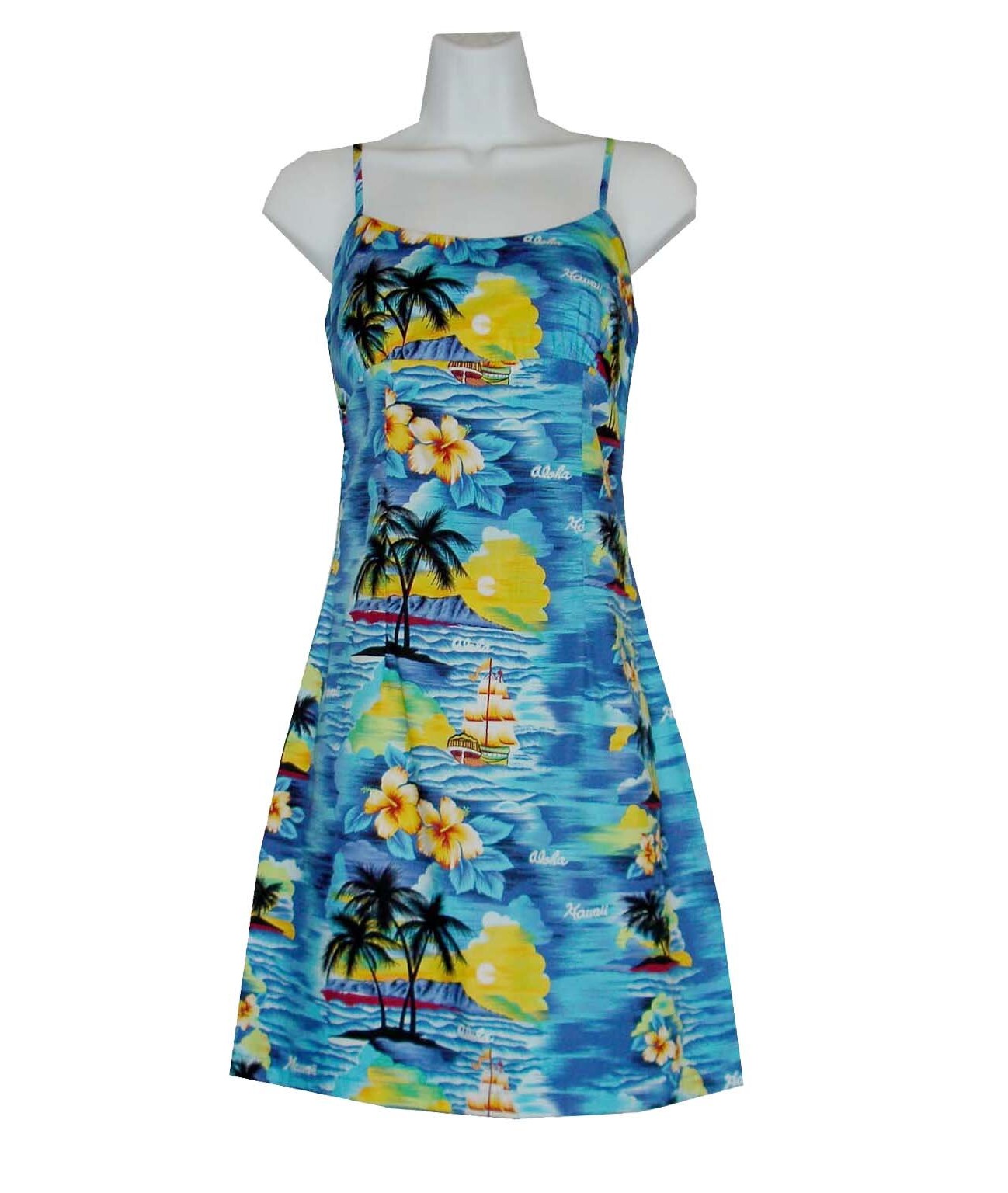 Short-Spaghetti-Strap-Sundress-Island-Sunset-Blue-on-Manequin